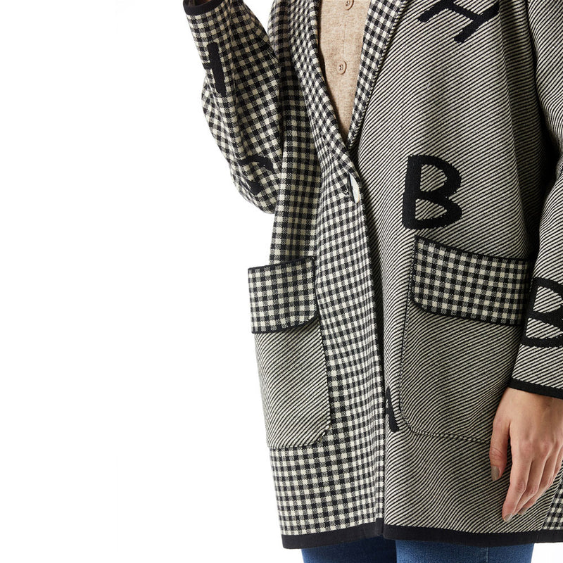 Fall Winter Women Plaid Clothing Letter Knitted Spliced Sweater Loose Coat