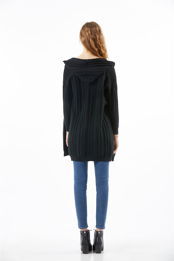 Knitted Women Casual Acrylic Jacquard Long Sweater Cardigan Hoodie